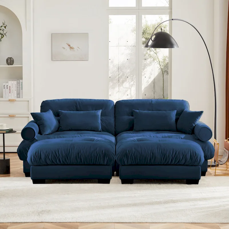 Velvet Fabric Loveseat Couch Modular Sectional Sofa with 2 Ottomans