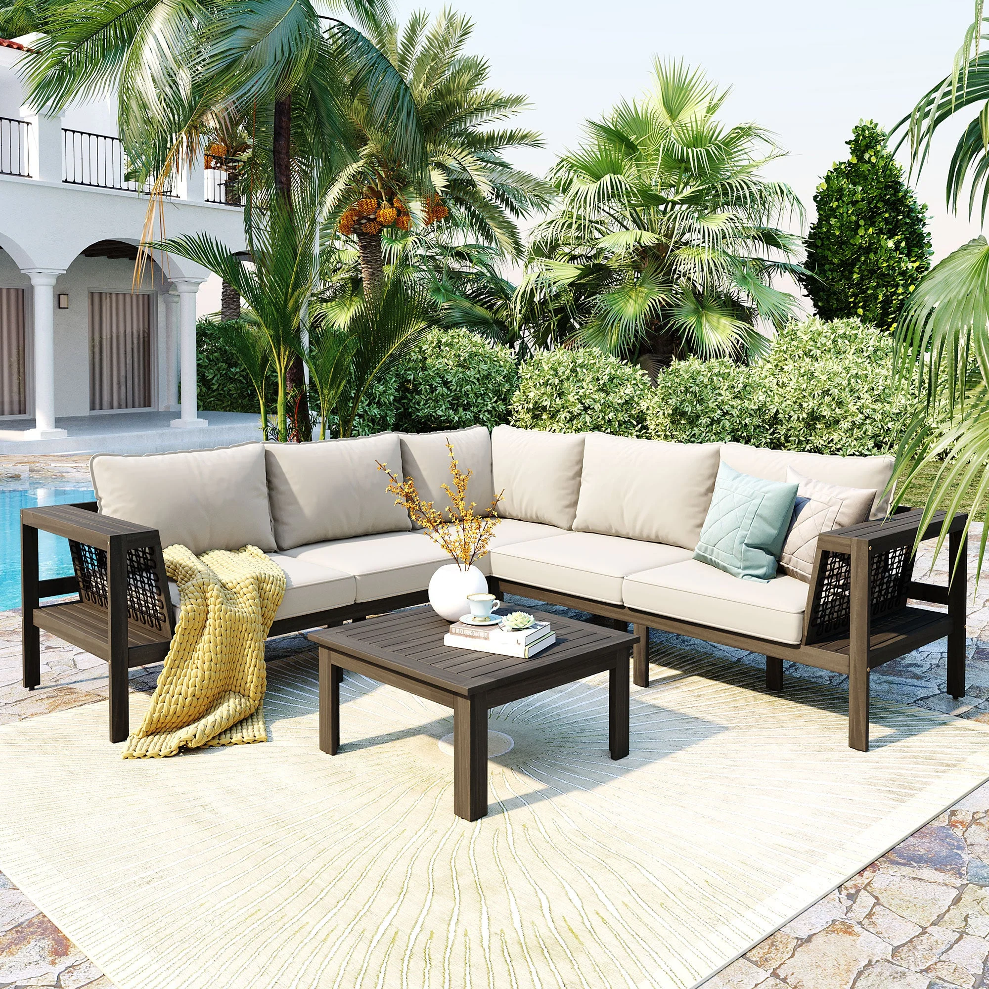 Walker Edison | Acacia L Shape Wood 4 Pieces Outdoor Sofa Set