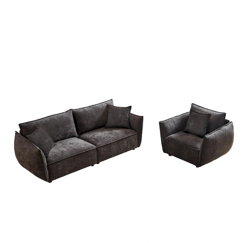 2-Pieces Linen Fabric 4-Seat Modular Sofa Set with 3+1 Seater Combo and Wooden Frame & 3 Pillows