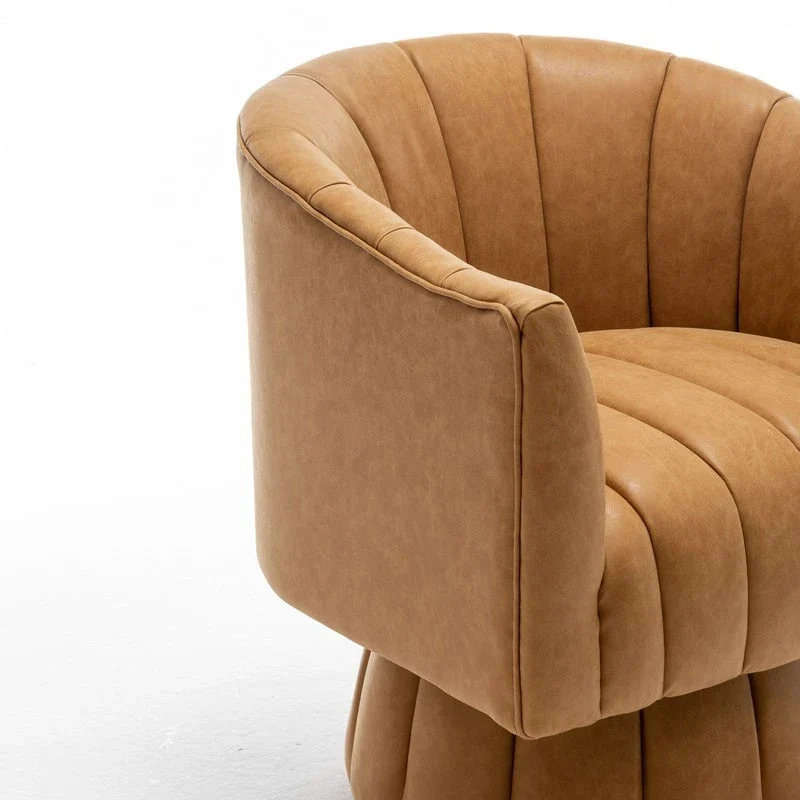 SEYNAR Mid-Century Swivel PU Leather Tufted Round Accent Barrel Chair