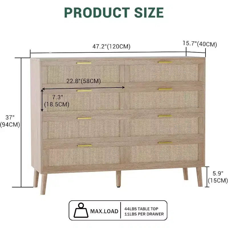 8-Drawer Rattan Dresser - Farmhouse Storage Chest with Golden Handles for Bedroom & Living Room