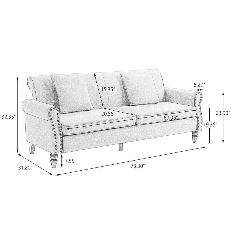 73 Sofa with Nailhead Trim Rolled Arms
