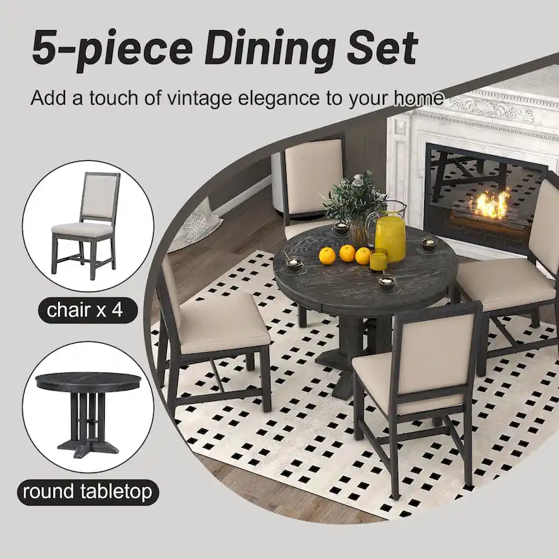 5-Piece Wooden Dining Table Set with Extendable Round Table & 4 Chairs