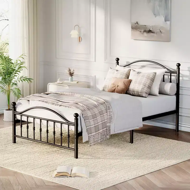 Metal Bed Frame – Matte Black, Round Headboard & Footboard, 1-Person