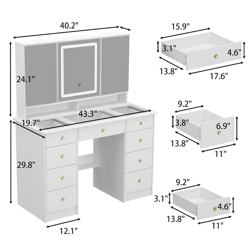 Vanity Desk with Lights, Makeup Vanity with Lights 3 Colors,9 Drawers - 53.9H