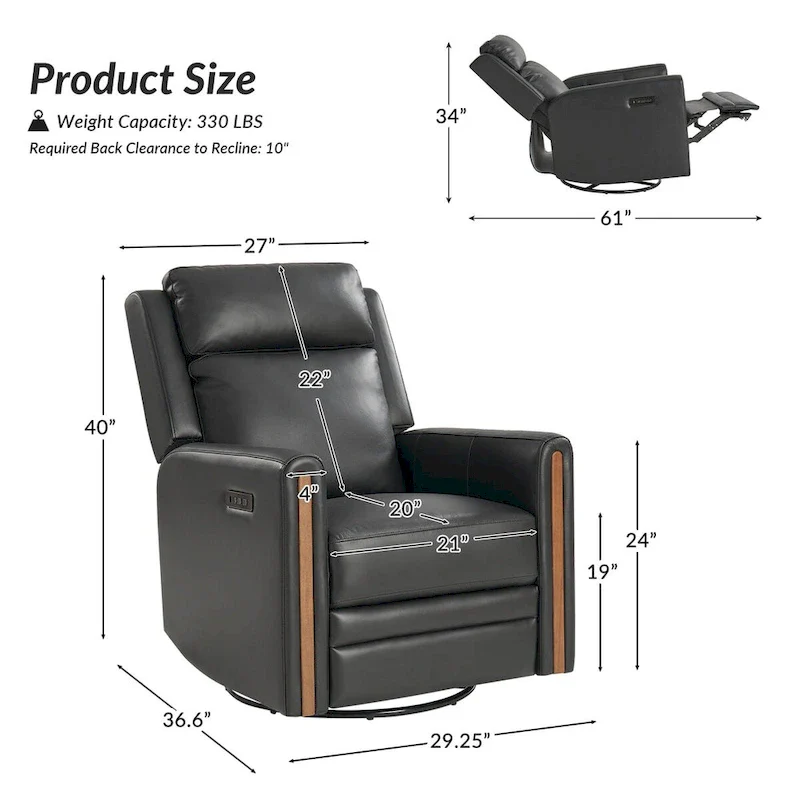 Jaime Modern Genuine Leather Rocking Swivel Power Recliner with Adjustable Headrest and Footrest by HULALA HOME