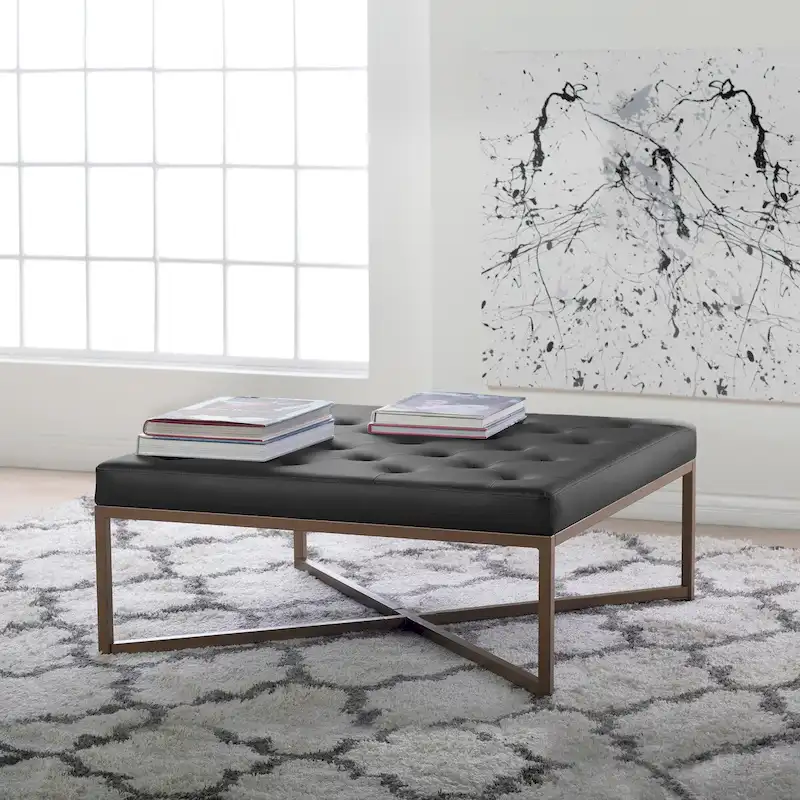 Metal and Tufted Leather Large Cocktail Ottoman