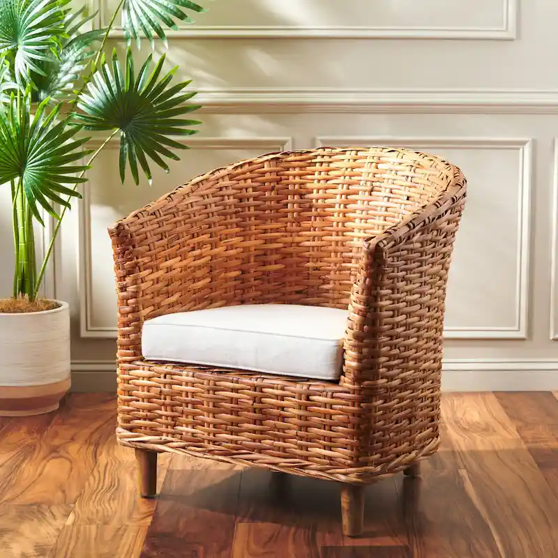 Rattan Barrel Chair with Cushion - 29.1 x 27.2 x 32.7