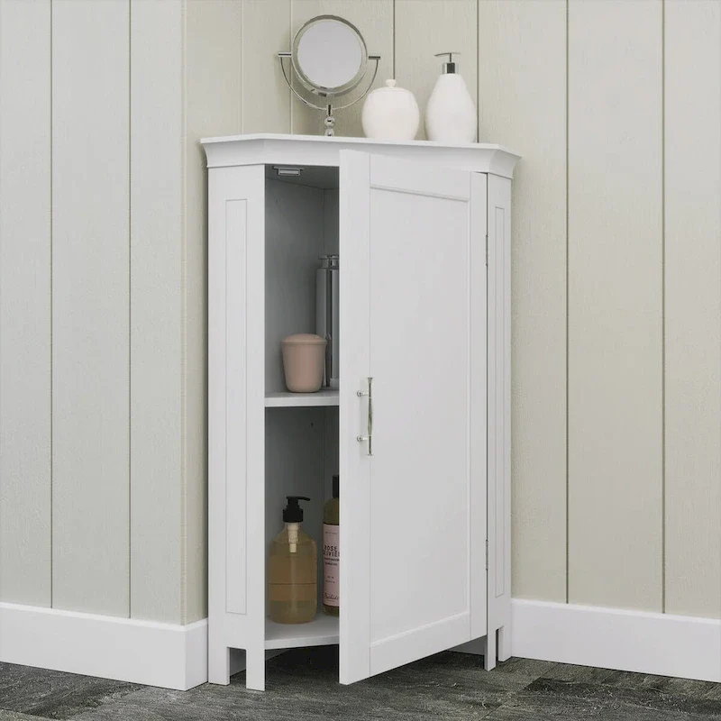 White Single-Door Corner Floor Cabinet with Adjustable Shelf