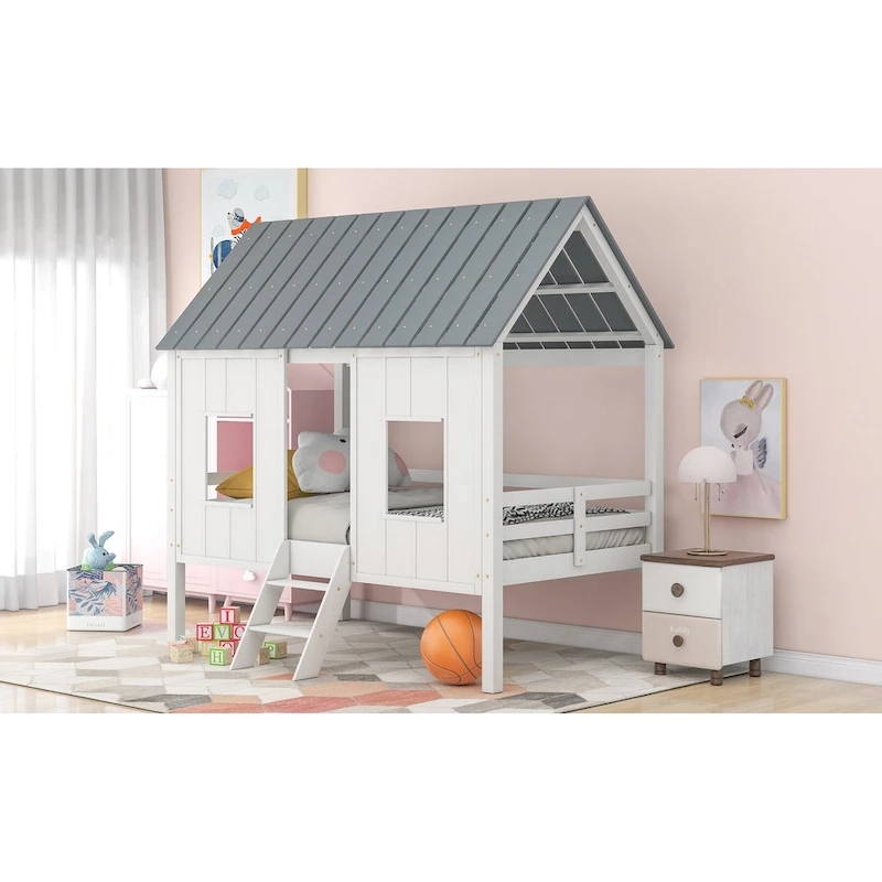 Twin Pine Low Loft House Bed with Roof, Windows, and Ladder
