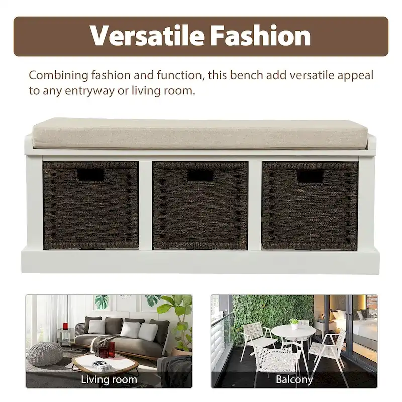 Rustic Storage Bench with 3 Rattan Baskets and Cushion
