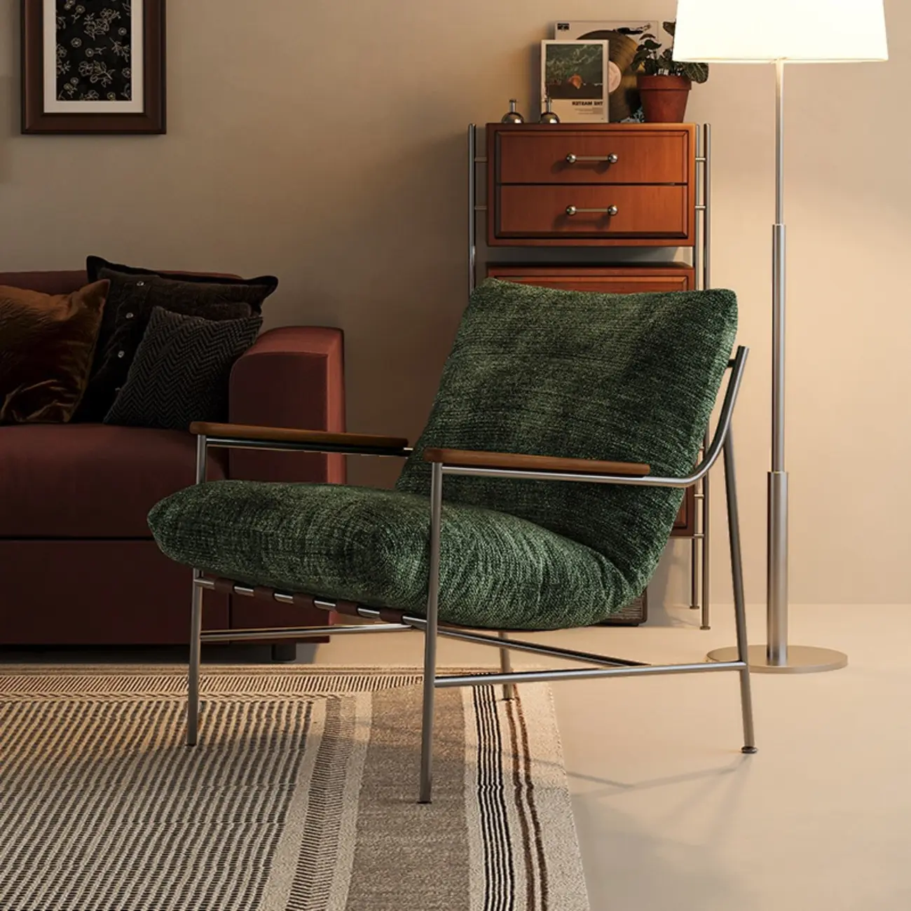 Mid-Century Modern Chenille Metal Frame Accent Chair