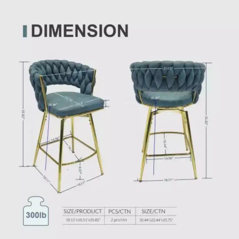 Back and Footrest Included, 2 Linen Woven Swivel Bar Stools Set, Non-Adjustable Kitchen Chairs