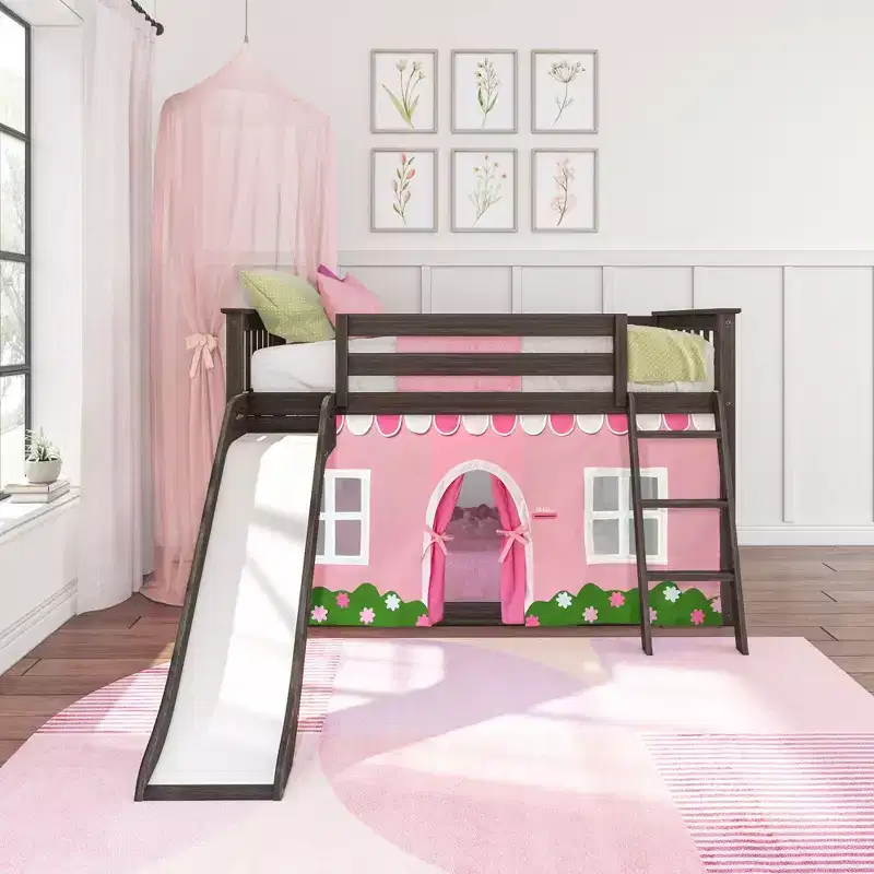 Twin Over Twin Low Bunk With Easy Slide & Light Pink & White Farmhouse Curtain