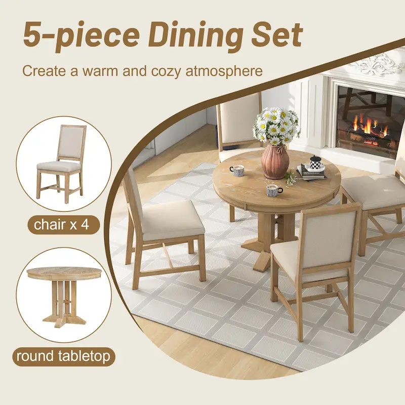 5 Pcs Wood Kitchen Furniture Set, Extendable Round Dining Table Set with Removable Leaf and 4 Upholstered Chairs