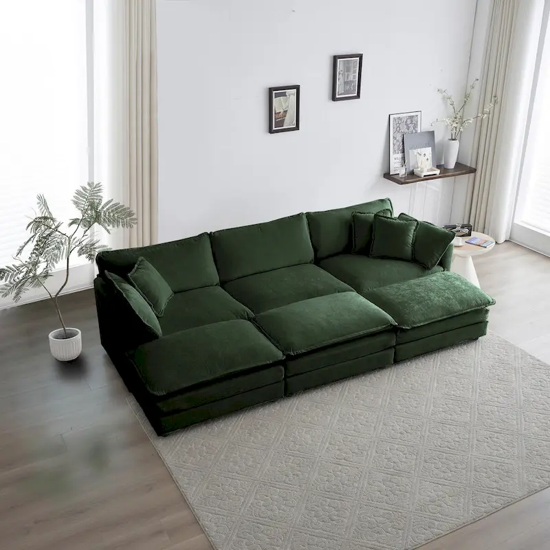 6-Seater U-Shape Sectional Sofa with 3 Ottomans and Pillows