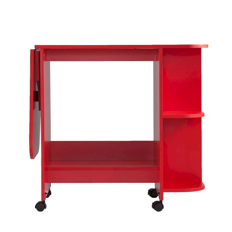Farmhouse Red Foldable Rolling Sewing Table with Side Shelves