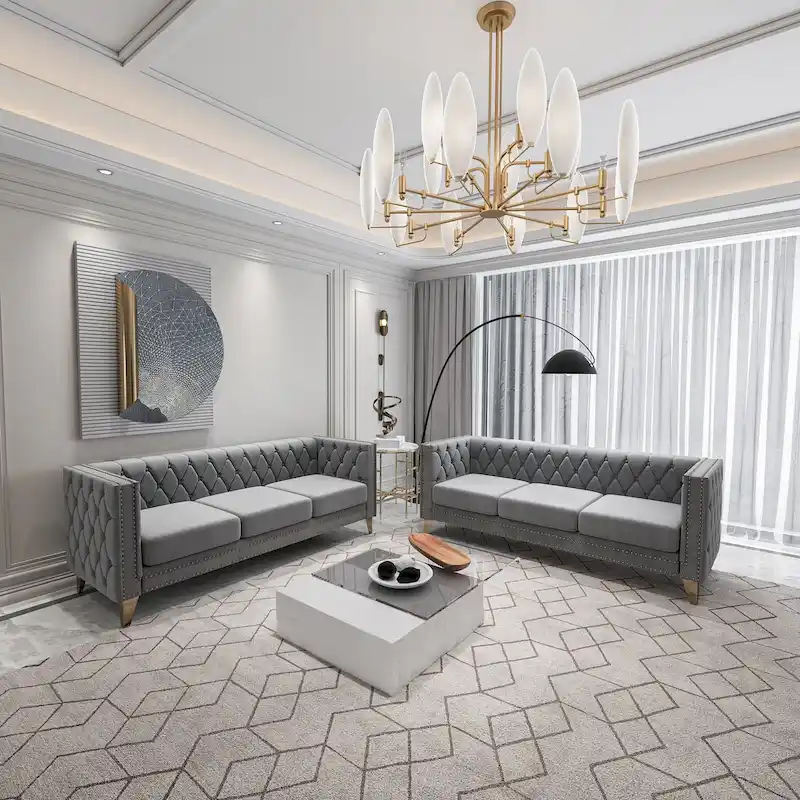 2-Pieces Velvet Upholstered 3 Seat Sofa, Classic Chesterfield Couch Buttons Tufted Square Arm Sofa with Nailheads and Metal Legs