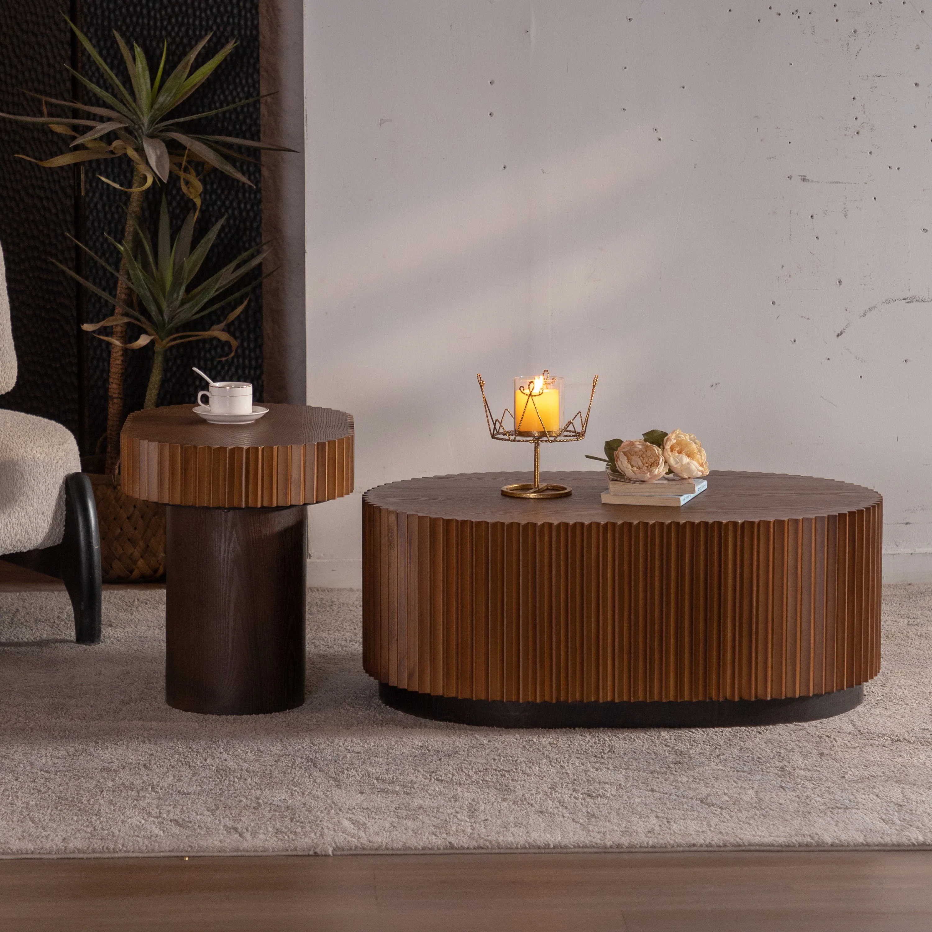 Walker Edison | Modern Fluted Round Nesting Coffee Table Set of 2
