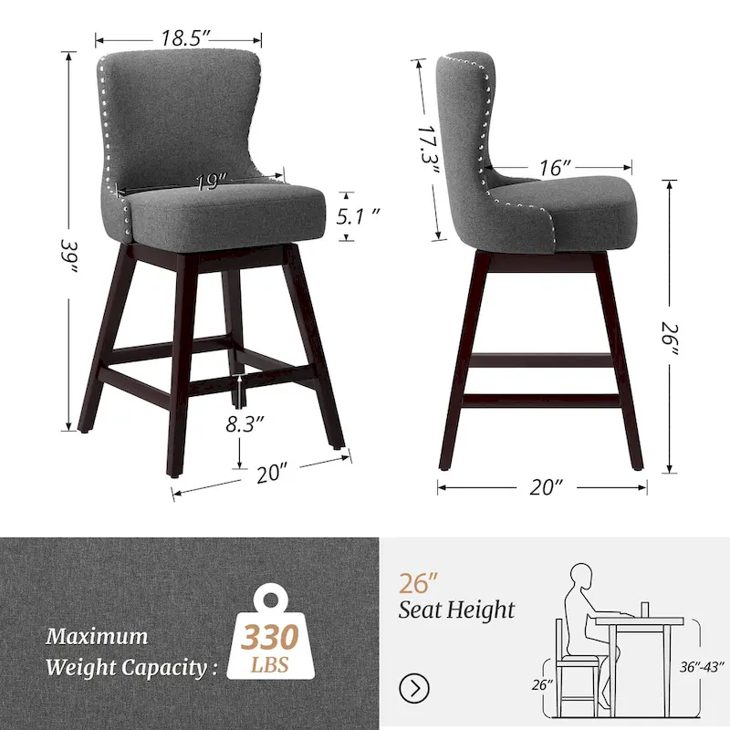 LUE BONA 26 in. Mid-Century Modern Wood Frame Swivel Bar Stools with Faux Leather and Linen Upholstered SeatSet of 4