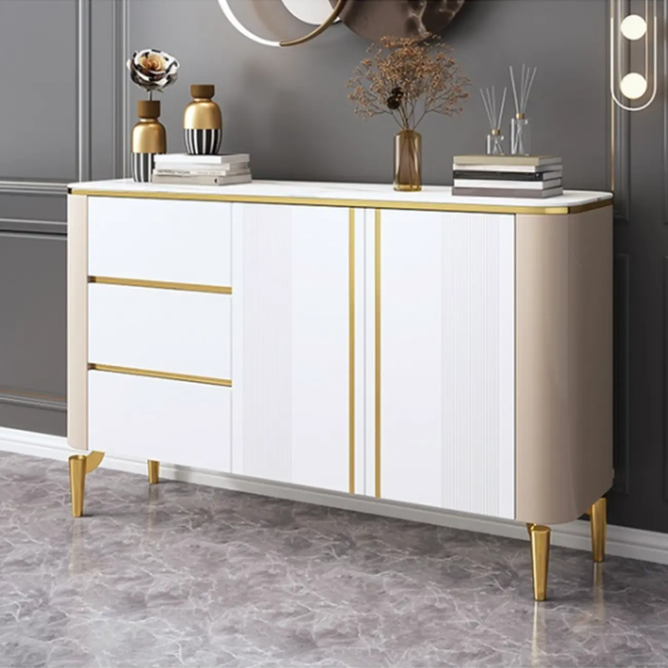 Glam Large Stone Top Handle Free Gold Metal Storage Cabinet