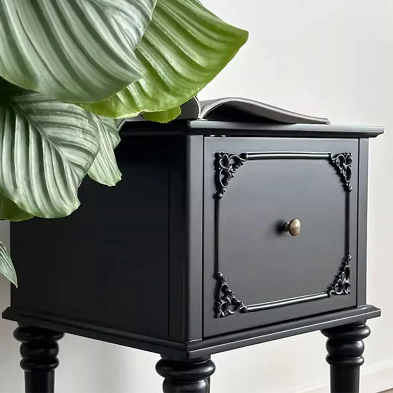 Traditional Black Wooden Carved Leggy Nightstand with Drawer