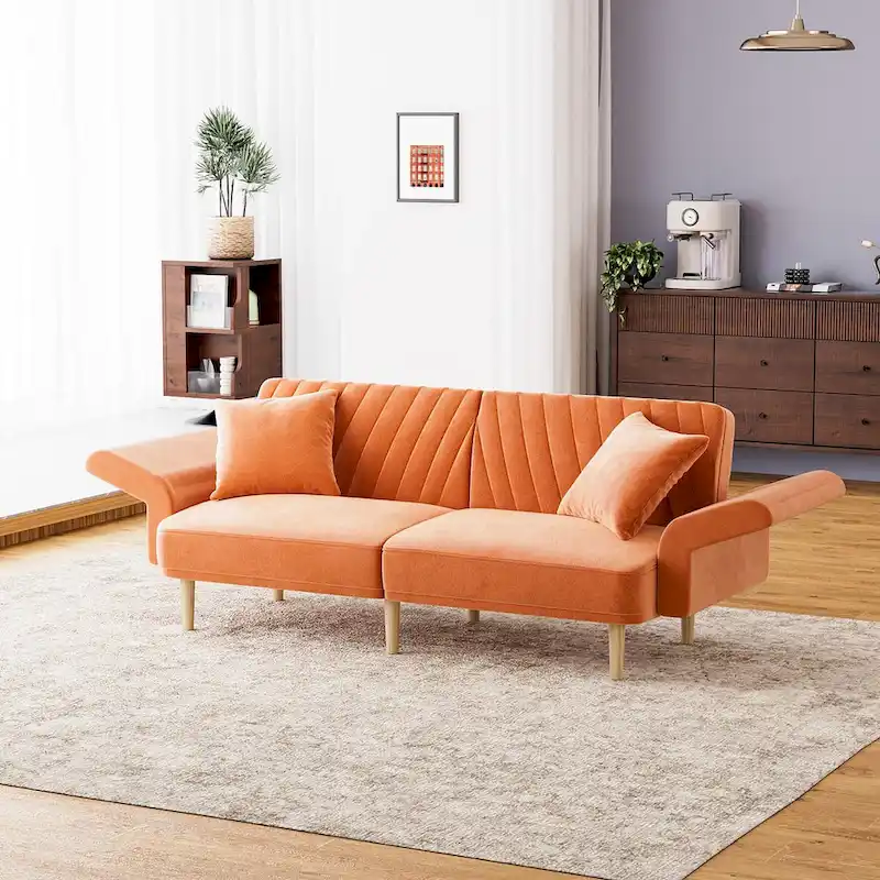 Ouyessir Upholstered Tufted Convertible Futon Sofa Bed with Foldable Armrest