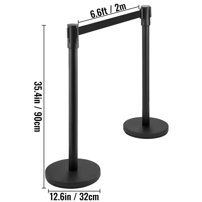 Crowd Control Stanchion with 6.6 ft/2 m Black Retractable Belt, Black Crowd Control Barrier, Black