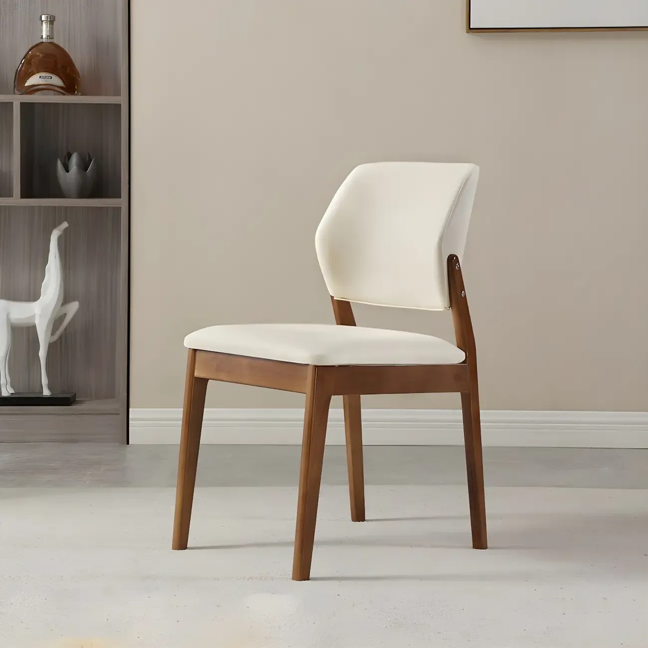 Modern Wood Faux Leather Beige Low Back Dining Chair