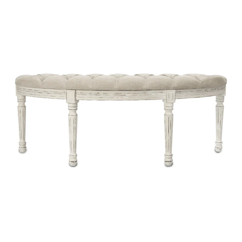 Mid-Century Modern Linen Upholstered Tufted Bench with Fluted Legs