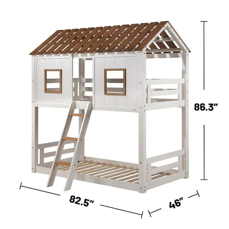 Wooden Twin Over Twin Bunk Bed in White and Rustic Oak