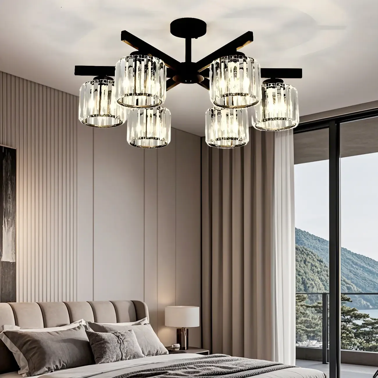 Modern Large Black Cylinder Crystal Semi Flush Ceiling Light