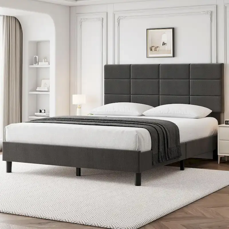 Linen Upholstered Twin Bed Frames with Solid Wooden Slats Support