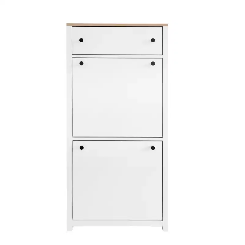 Functional Wood Grain Shoe Cabinet with 2 Flip Top Drawers and Adjustable Panels