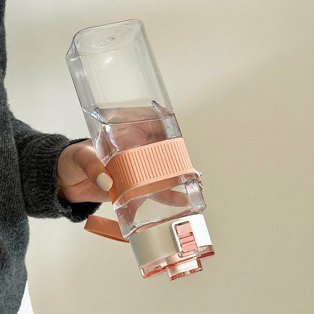 700ML Pink Square Water Bottle with Flip Lid and Silicone Grip