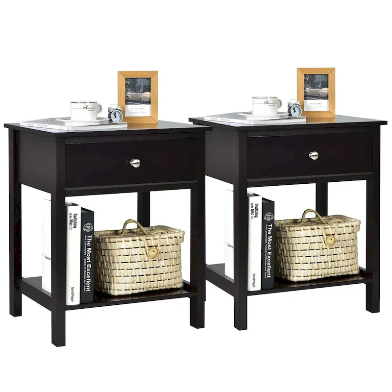 Gymax 2PCS 2-Tier Nightstand Modern Side End Table w/ Drawer & Open