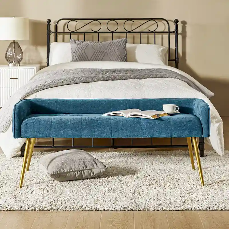 Luis Modern Upholstered Low Back Bench with Sturdy Golden Metal Tapered Leg by HULALA HOME