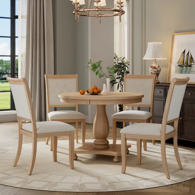 5 Piece Dining Table Set, Solid Wood Kitchen Dining Room Table Set with Round Dining Table and 4 Upholstered Chairs