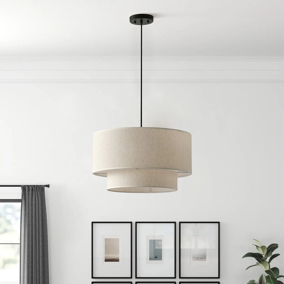 Modern Off-White Drum Pendant Light with 2-Tier Linen Fabrics Lampshade