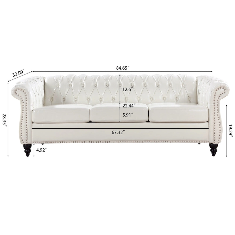 White 84.65 Chesterfield PU Leather 3-Seater Sofa with Button Tufted Backrest