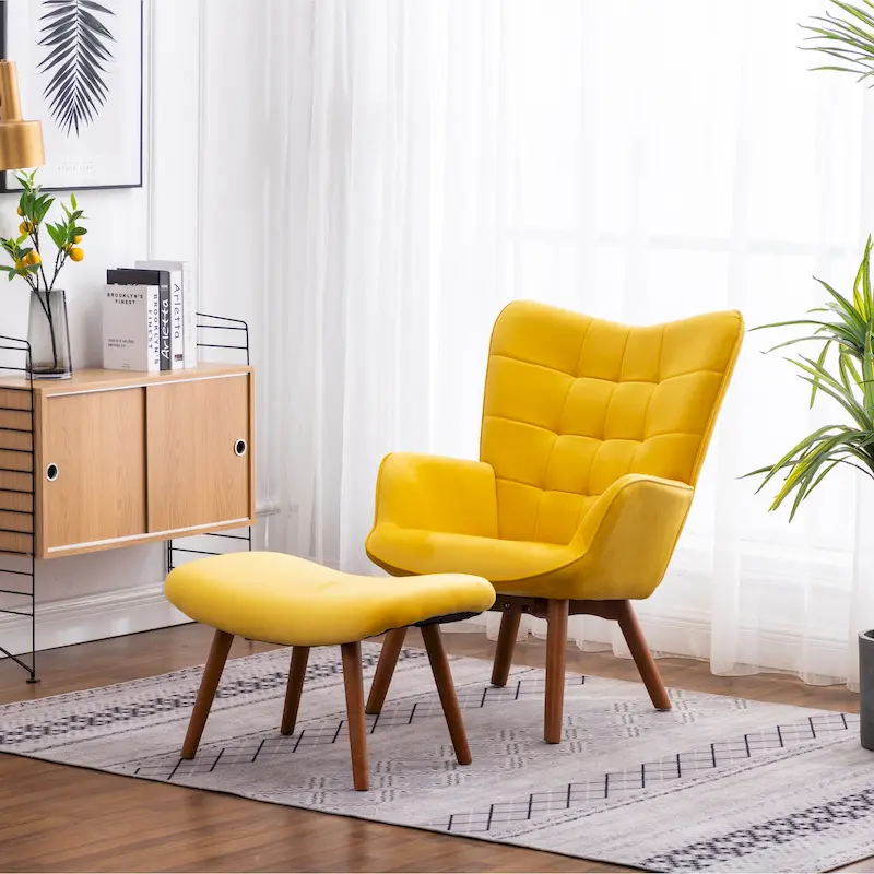Yellow Modern 33 Polyester Button Tufted Accent Chair with Ottoman and Tapering Wood Dowel Legs
