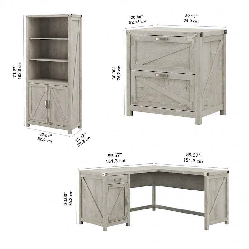 60W L-Desk with File Cabinet and Bookcase