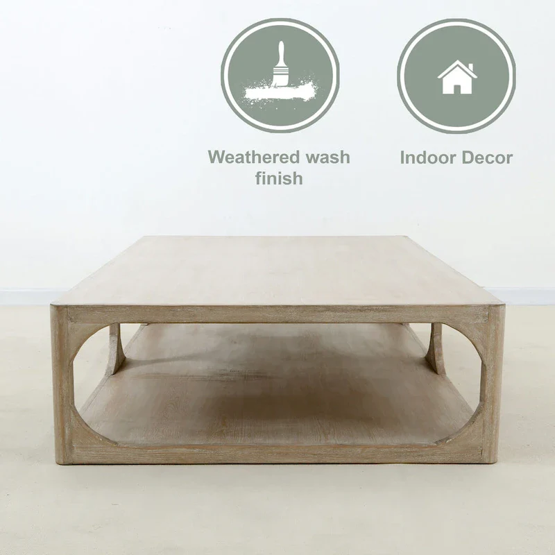 Reclaimed Wood Peking Ming Coffee Table, Small, 55 Inch Long, Weathered White Wash