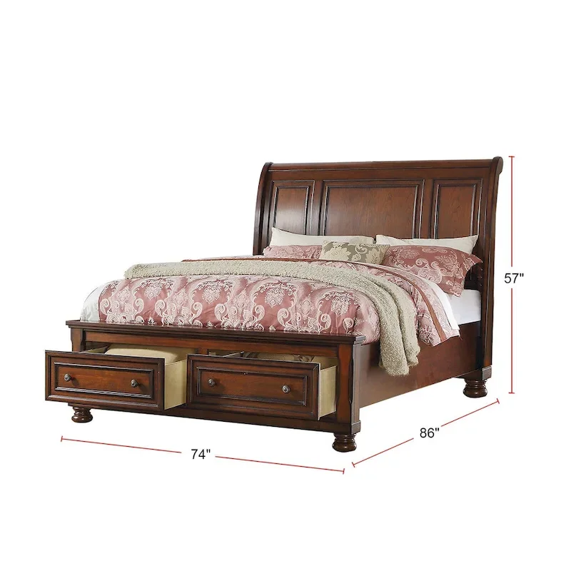 Sleigh Bed With 2 Drawers, Cherry Brown