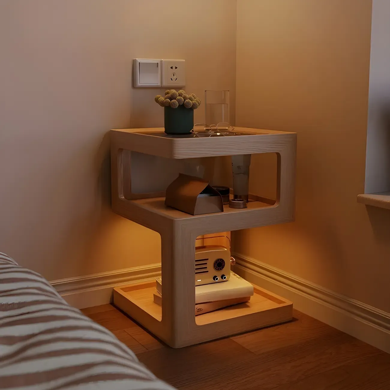 Narrow Wood and Glass Nut-Brown Shelves Nightstand with Light