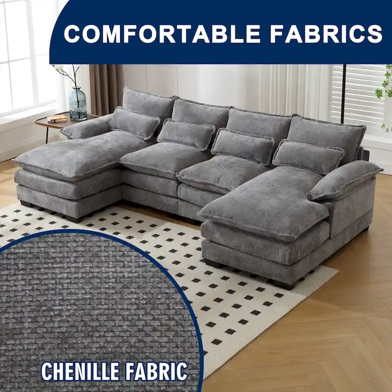 Chenille Upholstered U-Shaped Living Room Sectional Sofa With Wooden Legs