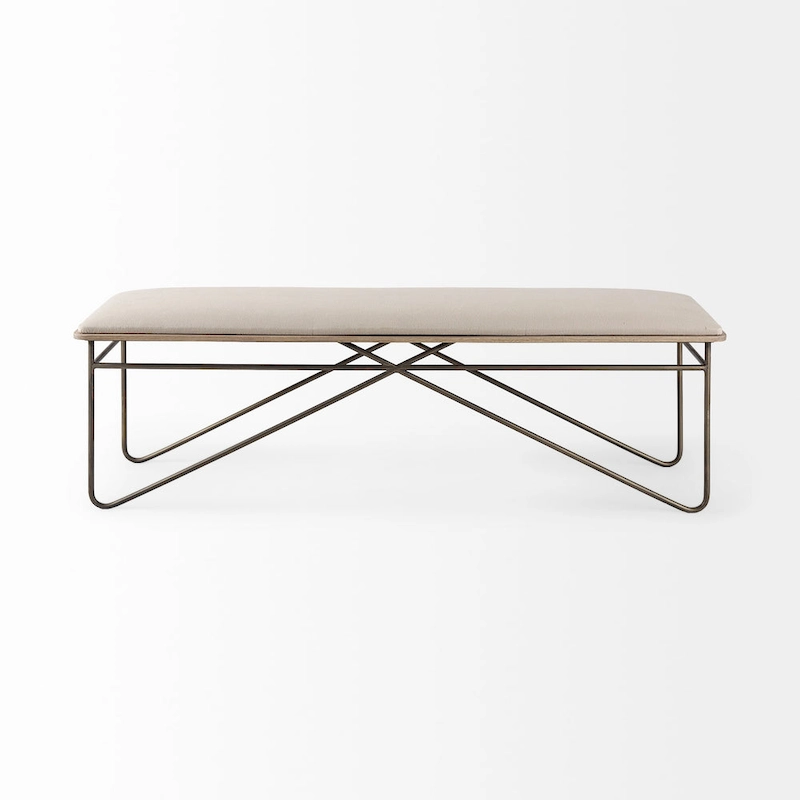 Camille Cream Fabric Seat w/ Dark Metal Frame Bench - 55.5W x 16D x 17H