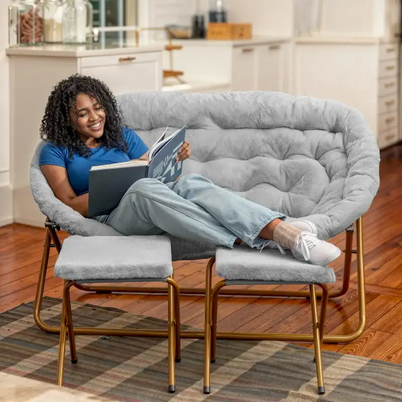 Double Folding Synthetic Fur Saucer Chair with 2 Ottomans