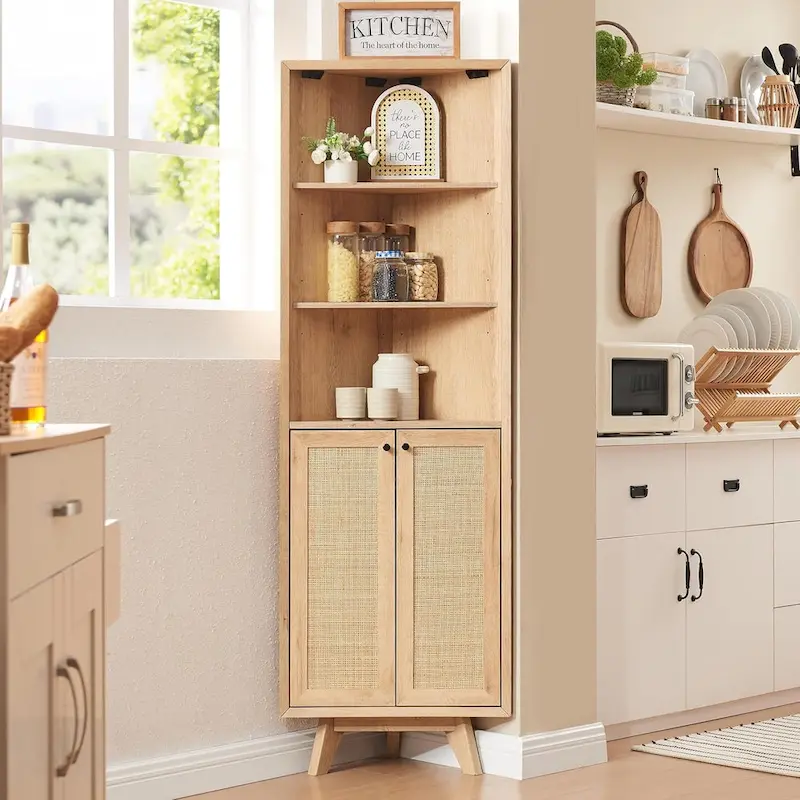 Natural Rattan Corner Cabinet, Modern Corner Bathroom Storage Cabinet