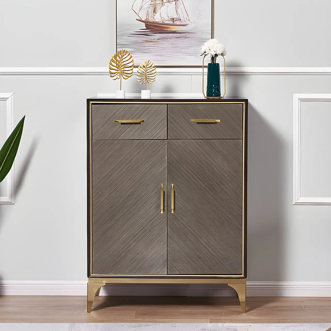 Glam Wooden Sideboard with Drawers & Adjustable Shelves